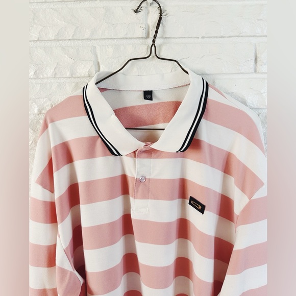 Pink and White Stripe Polo Style Long Sleeve Crop Top - Picture 2 of 4